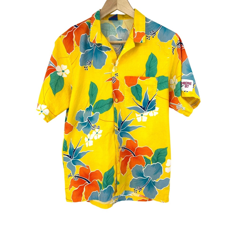 Vintage Ocean Pacific Mens Yellow Hawaiian Shirt Premier Fisher Price 87